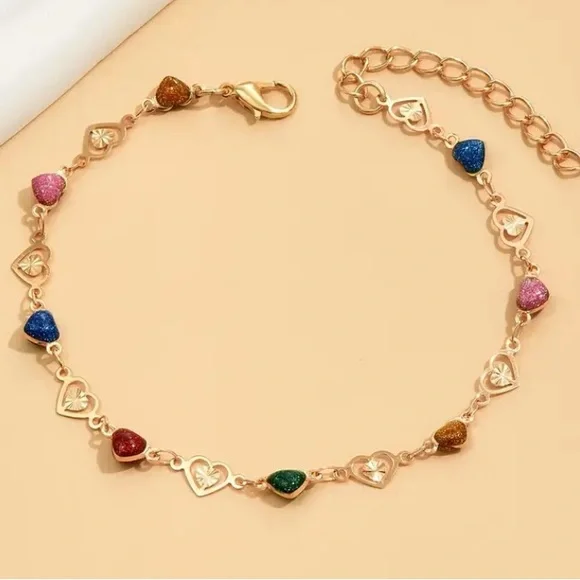 Multi Color Glitter Heart Gold Toned Anklet - Picture 2 of 3